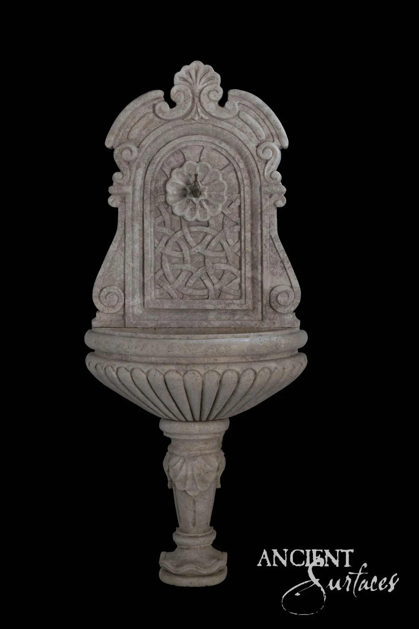 Ancient Surfaces reclaimed antique limestone lavabo fountain with a carved interlace panel and gadrooned half bowl