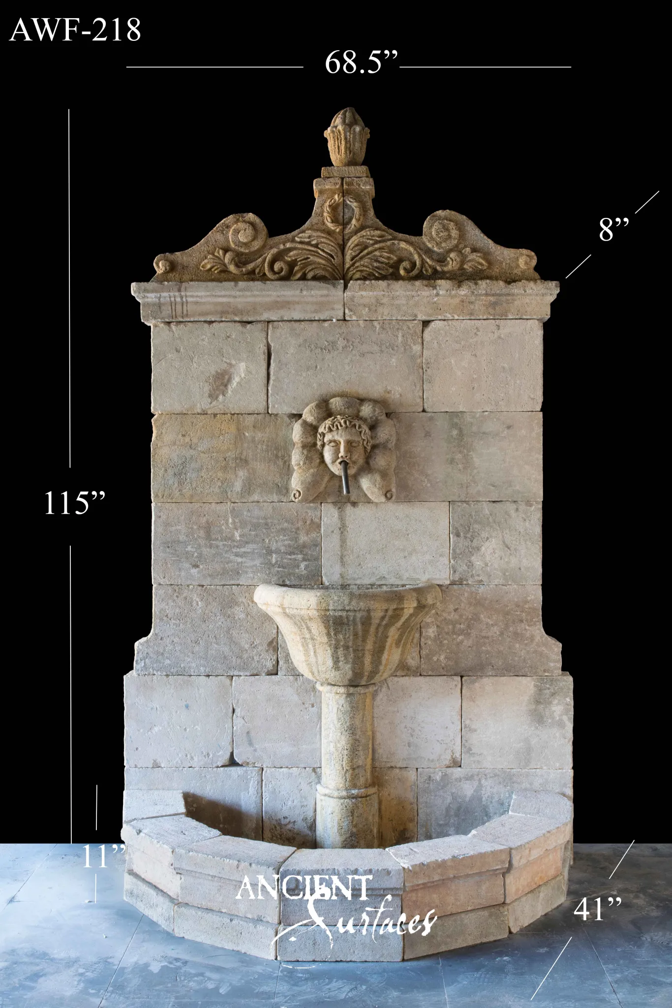 Measured elevation of the Ancient Surfaces coursed limestone wall fountain standing 115 inches high by 68.5 inches wide